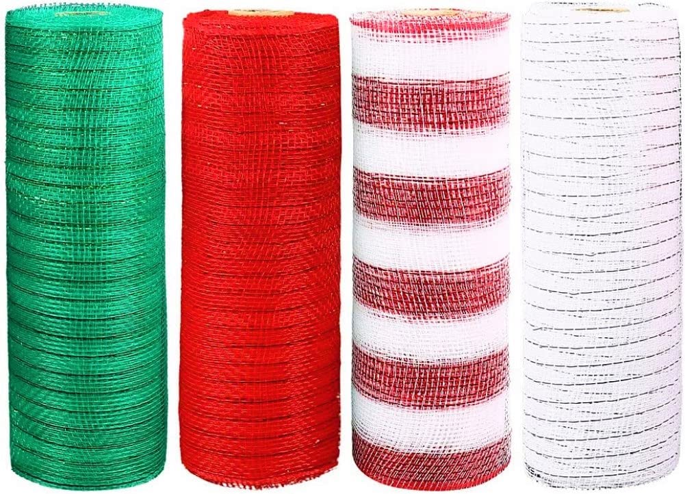 KAHEIGN 4Pcs Christmas Deco Mesh Rolls, 26cm x 9.14m Metallic Foil Poly Mesh Poly Mesh Ribbon Roll Deco Mesh for DIY Bows, Fall Decor, Swag, Garland, Wreath (Red/White/Green/White Stripes)