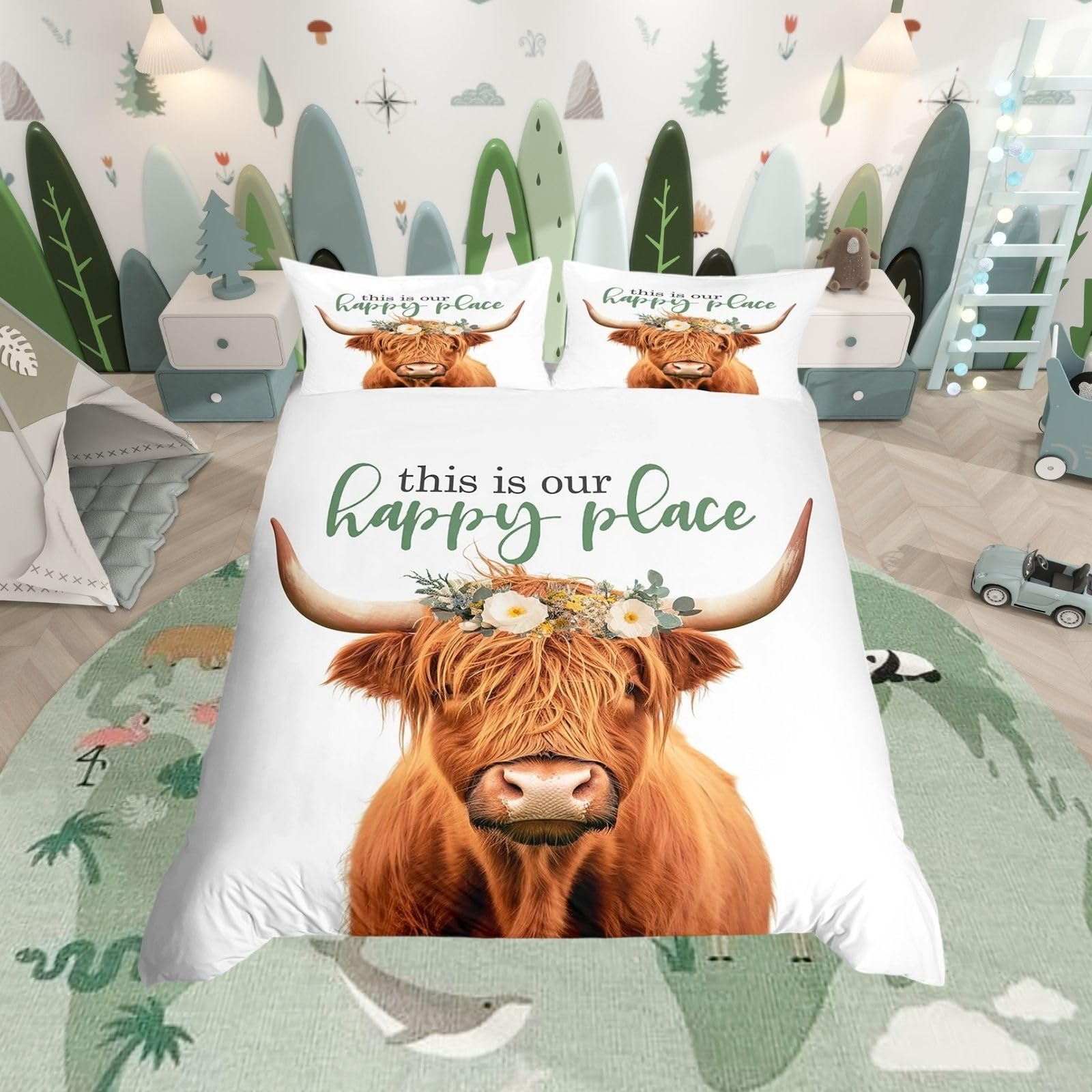 Homewish White Highland Cow King Size Duvet Cover Set - Rustic Scandinavian Cottagecore Floral Bedding Woodland Cabin Decor - Scottish Hairy Coo Farmhouse Bed Sets Gift for Men Women — image 1
