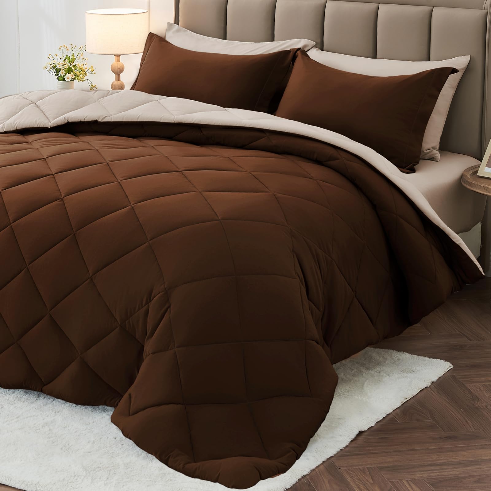 MUXHOMO 5 Pieces Twin XL Comforter Set, Reversible Bed in a Bag Twin XL Size, All Season Bedding Set with Comforter, Flat Sheet, Fitted Sheet, Pillowcases & Shams, Brown & Khaki Image