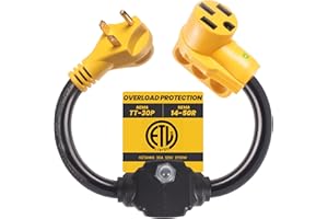 CORDMITPRO Overload Protector 30 Amp to 50 Amp RV Adapter Plug for Camper with Circuit Breaker/Not for EVs, NEMA TT-30P to NEMA 14-50R Electrical Power Adapter with LED Power Indicator, RV Dogbone Adapter Cord