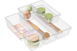 DCA 6 Pack Clear Drawer Organizer, Acrylic Drawer Storage Trays, Storage Bins for Makeup, Cosmetics, Jewelries, Utensils, Gadgets, Office