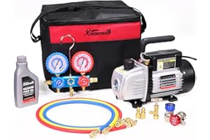 XtremepowerUS 3.5CFM 1/4HP HVAC Vacuum Pump R134a R12 R22 R410a A/C Refrigeration Set AC Manifold Gauge R134 Can Tap Carrying Tote