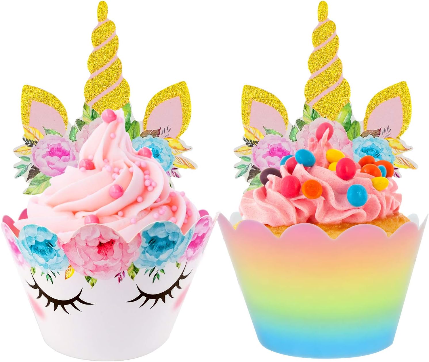 Supreona Glitter Unicorn Cupcake Toppers Wrappers Rainbow Double-sided Birthday Party Supplies Cake Decoration (Set of 24)