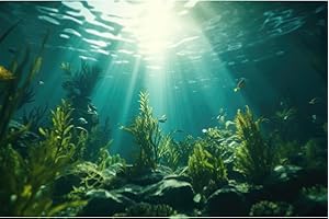 Riivvdise Ocean Aquarium Background Aquatic Plants with Rocks Terrarium Backdrop Sunlight Rays Deep Sea Fish Tank Background Aquarium Wallpaper Poster Decor Vinyl 30x12in