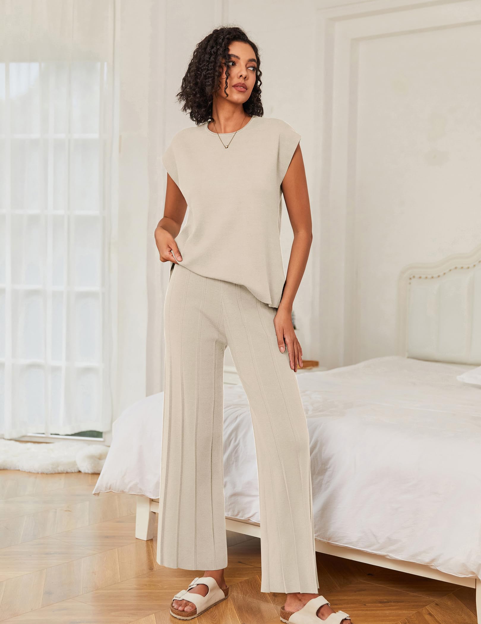 Ekouaer Lounge Sets for Women Two Piece Outfits Knit Cap Sleeve Tops Wide Leg Pleated Pants Casual Dressy Sweater Sets Beige - Image 2