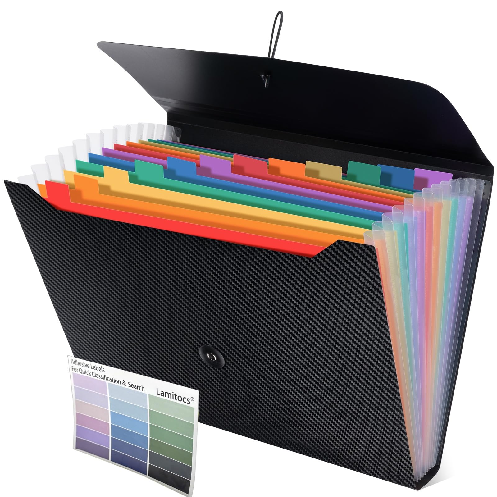 Lamitocs Expanding File Folder A4,13 Pockets File Organiser with Colored Tags, Paperwork A4 Plastic Wallet Document Storage Expander for School,Office and Home, Black(Colorful Inside)
