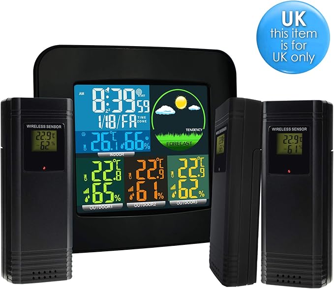 Funkwetterstation Farbige PROGNOSTIKER DCF-Funkuhr, Indoor Outdoor + 3