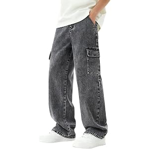 Teen Boys Cargo Jeans Youth Kids Denim Pants Straight Leg Boyfriend Jeans with Multi Pockets 12-17 Years
