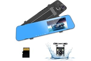 RIMOODY Mirror Dash Cam Rearview - 4.3” DVR Monitor Rear View Dual Camera Video Recording System in Full HD 1080p w/Built in G-Sensor Motion Detect Parking Control