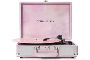 TANLANIN Watercolor Vinyl Record Player with Treble & Bass Control, Vintage 3-Speed Bluetooth Suitcase Portable Turntables with Built-in Speakers, 33 45 78 RPM LP Player Support RCA/AUX/Headphone Jack, Pink