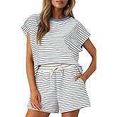 Sweetmoon Two Piece Sets for Women Summer, Striped Matching Pajamas for Women Set Shorts and Top, Travel Lounge Outfits