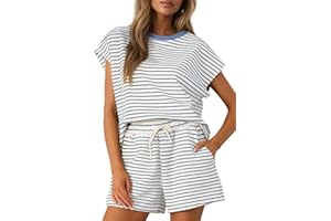 Sweetmoon Two Piece Sets for Women Summer Outfits, Striped Short Set Short Sleeve Top and Shorts Matching Sets Women Clothing