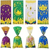 Plastic Cellophane Candy Cookie Treat Goodies Gift Bags 100pcs in 4 Muslim Colors And Castle Moon Star 4 different Patterns With Gold Twist Ties for Eid Mubarak Ramadan Muslim Islamic Eid Iftar Diwali