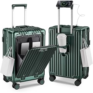 CASELLY Carry on Luggage Aluminium Frame with Front Pocket, Top Opening Luggage with Cup Holder & USB Charging Port,Zipperles