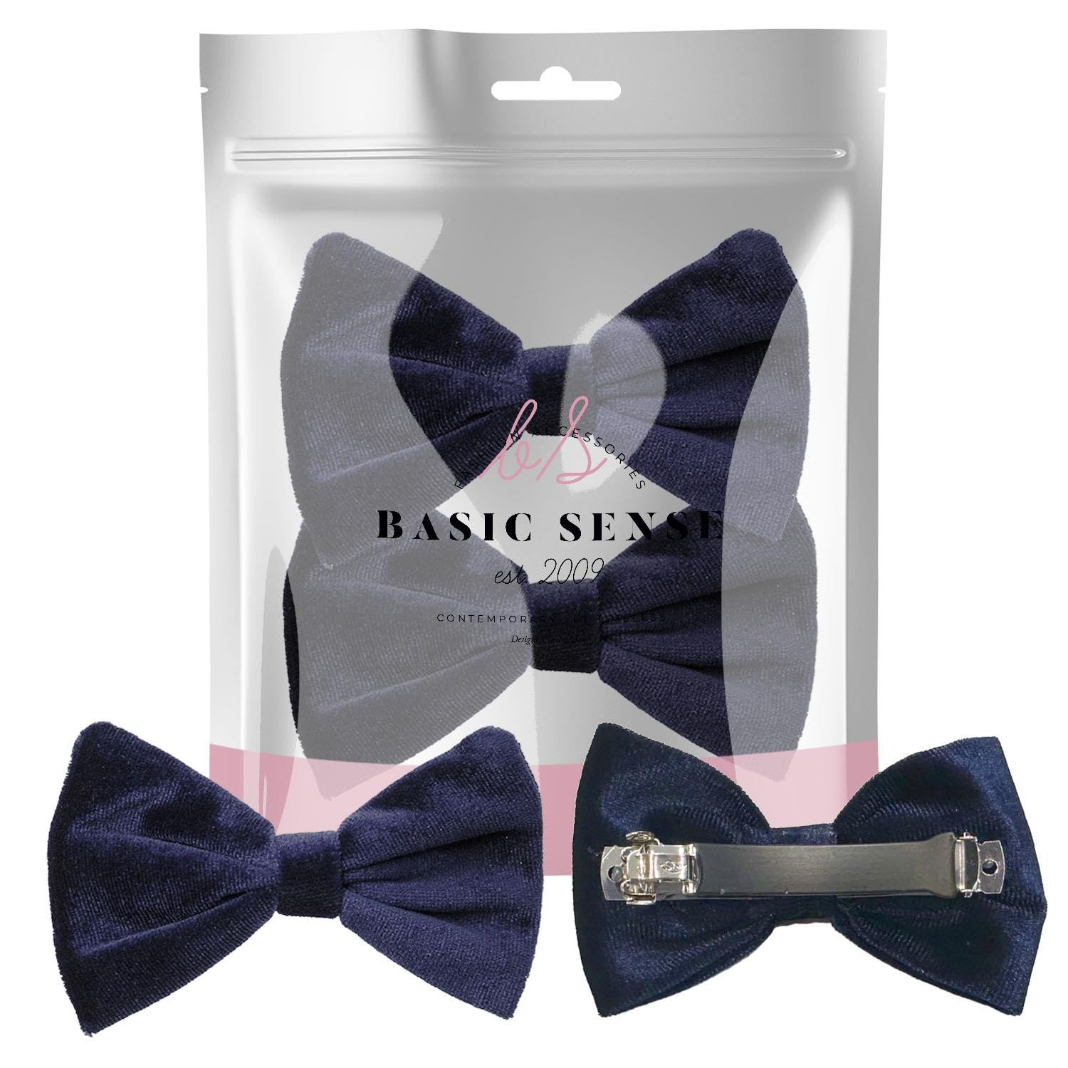 Basic Sense Velvet Bow Hair Clips, Rubber Protected, Sturdy Barrettes for Girls, School Uniform Friendly, A pack of 2pcs, Navy