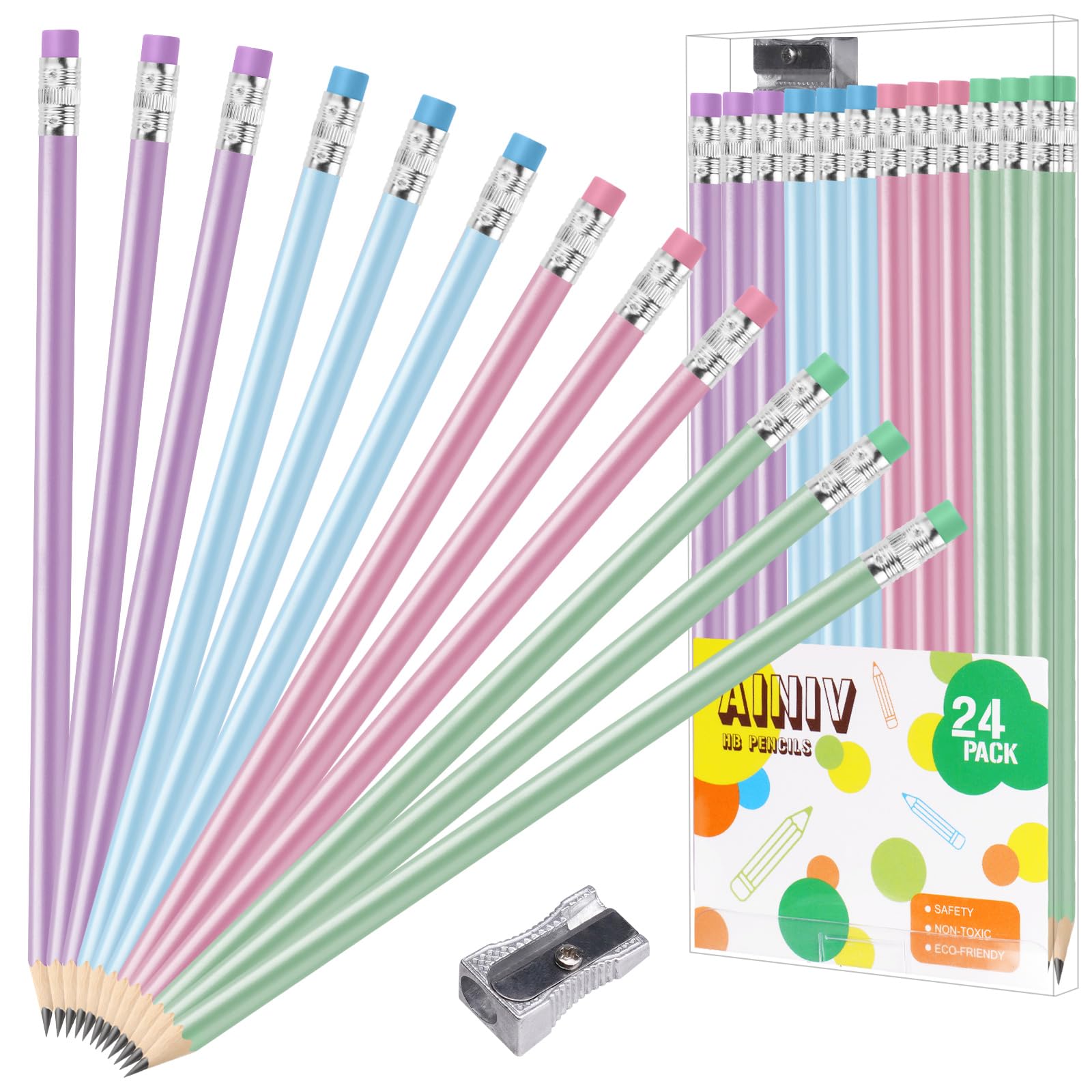 Ainiv 24 Pencils #2 HB, Number 2 HB with Eraser, Macaron Graphite Wooden Pencils, Gift for Kids, Adults, School, Office, Wedding Party Favors