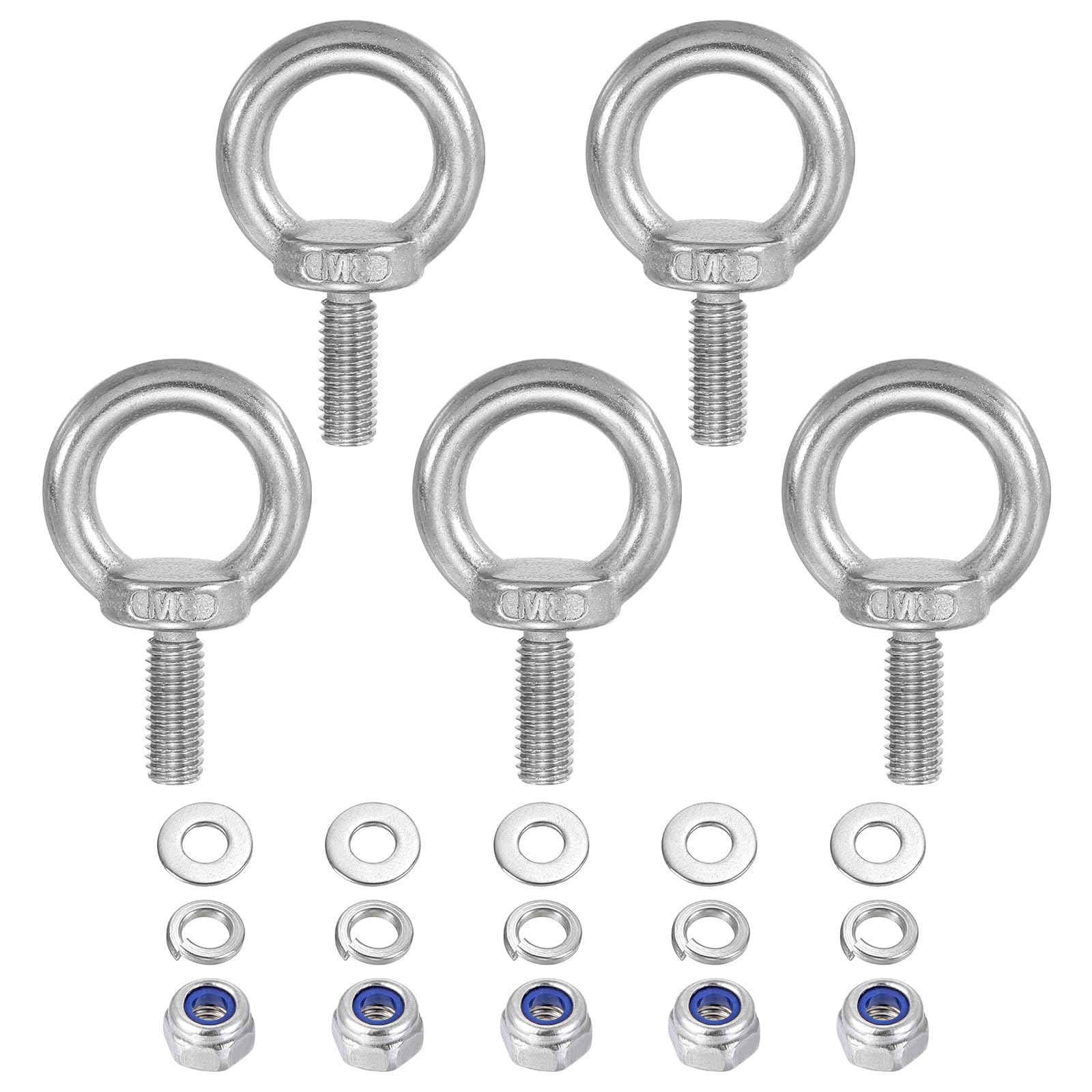 PATIKIL M8 x 20mm Lifting Shoulder Eye Bolt, 5Pcs 304 Stainless Steel Lifting Ring Threaded Eyebolt with Nuts Washers for Hanging Hammocks Articles