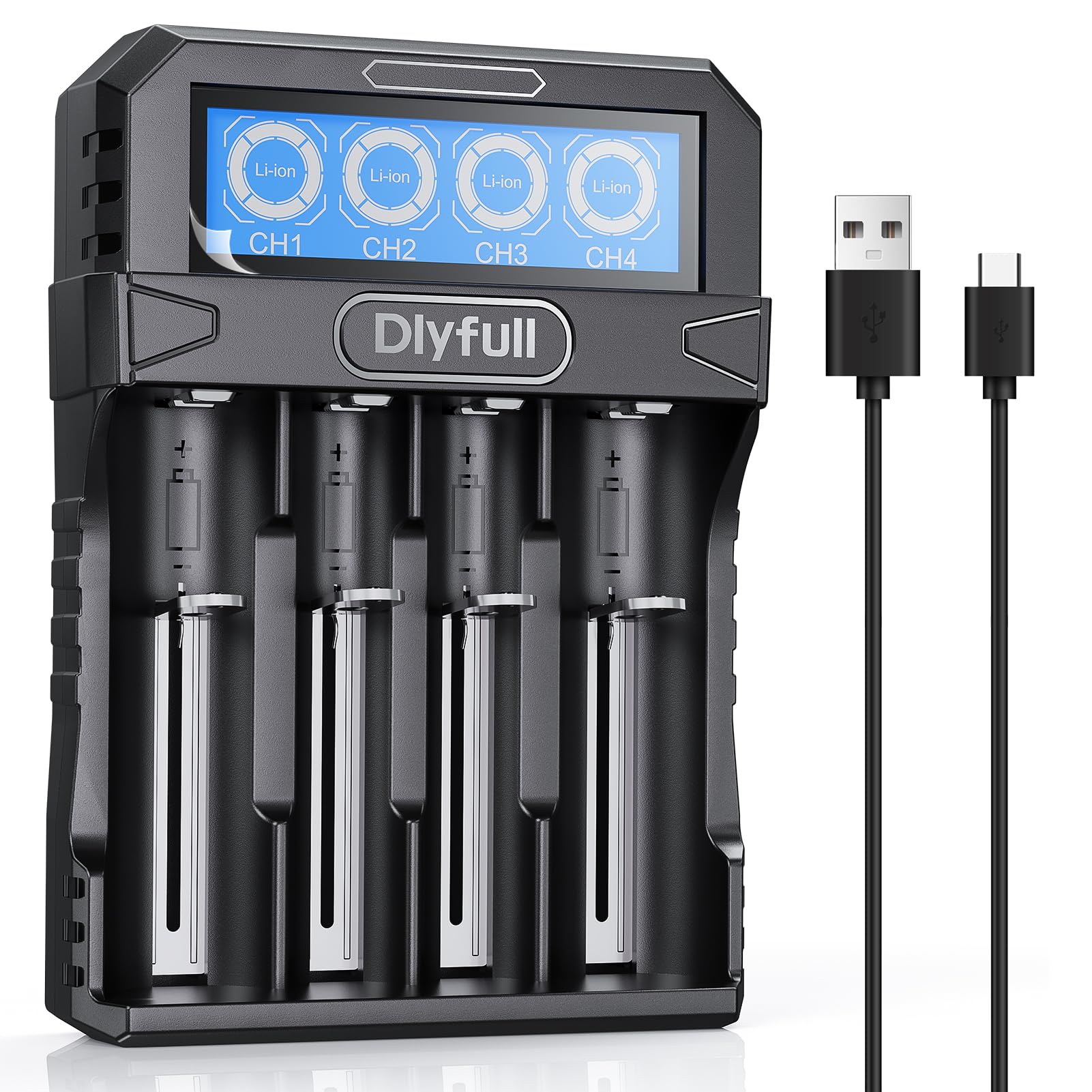 Dlyfull 18650 Battery Charger 4 Bay, LCD Display Lithium Battery Charger  with USB-C Speed Charging, Independent Slot for 3.7V Li-ion 21700 26650  10340 16340 17335 17500 22650 Rechargeable Batteries in Saudi Arabia