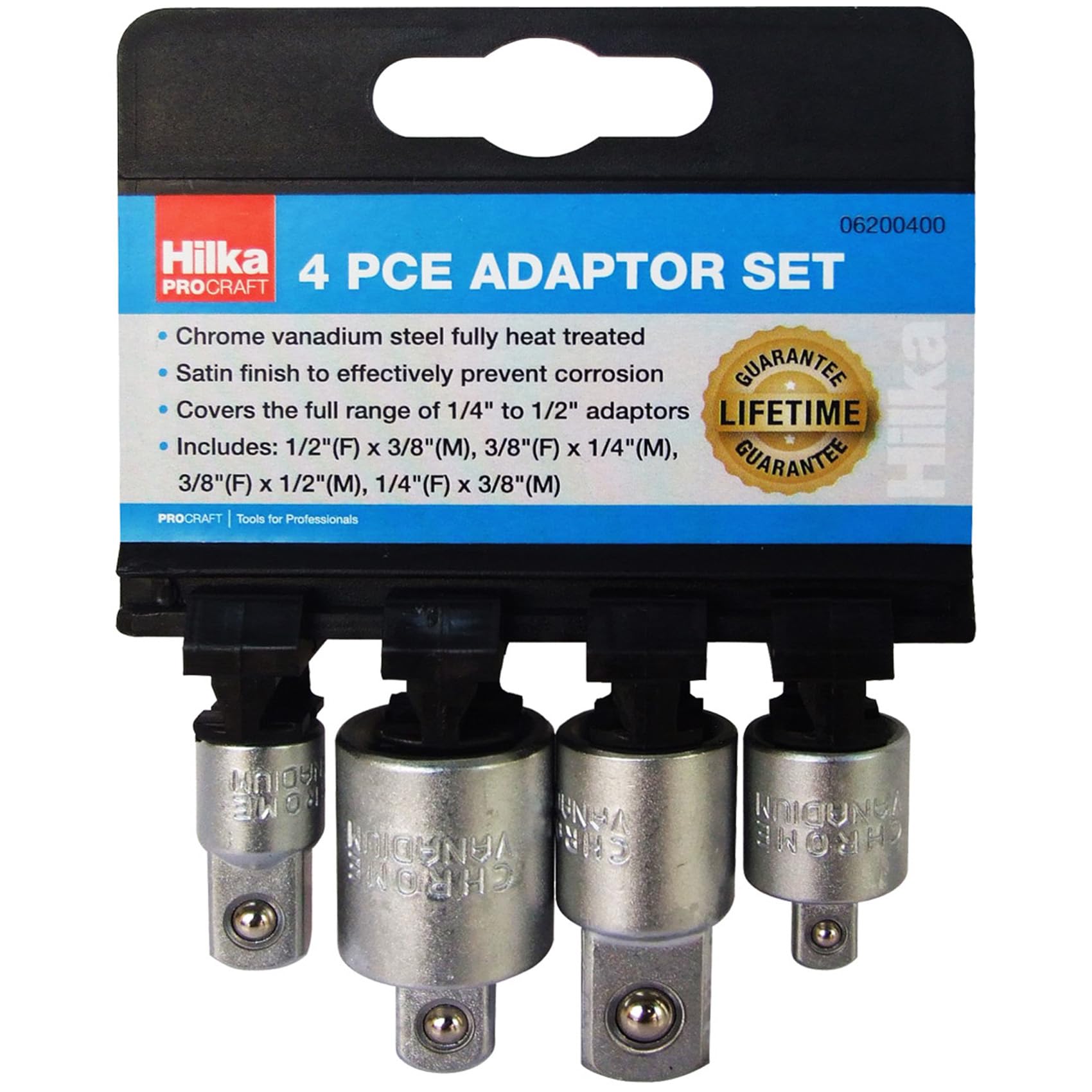 HILKA 4 Pcs Adaptor Set | Chrome Vanadium Steel | Female Drive to Male Drive | 1/2" (F) x 3/8" (M), 1/4" (F) x 3/8" (M) Hand Tools UK