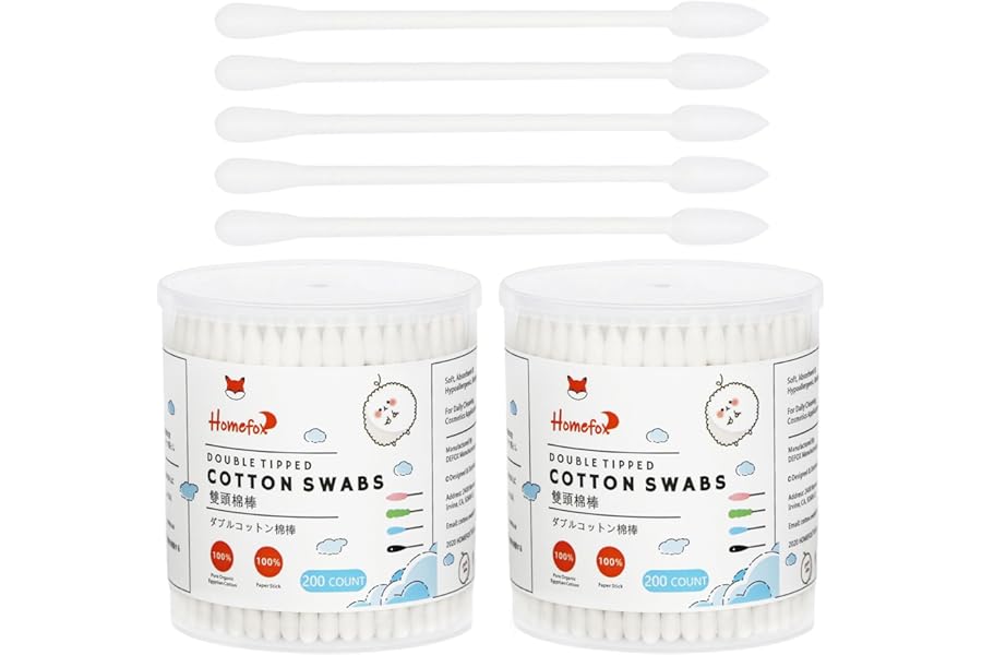 HOMEFOX Cotton Swabs Precision Pointed – 400 Count Pointy Organic Cotton Buds Double Side Tightly Wrapped Cotton Tips Paper Stick Soft Gentle Lint-Free Cruelty-Free, Pointy & Round (White)