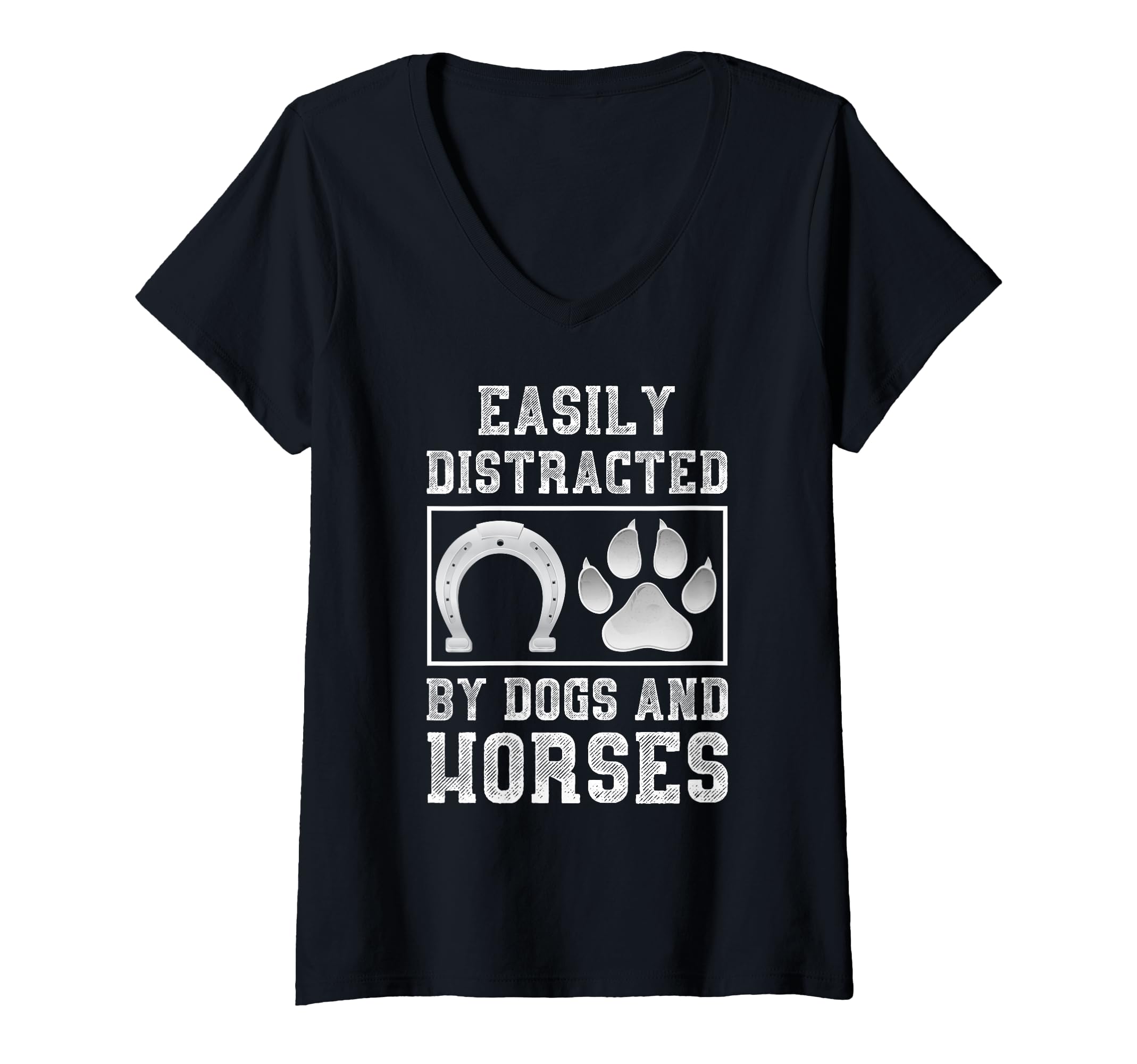 Womens Easily Distracted By Dogs And Horses Equestrian Animal Horse V-Neck T-Shirt