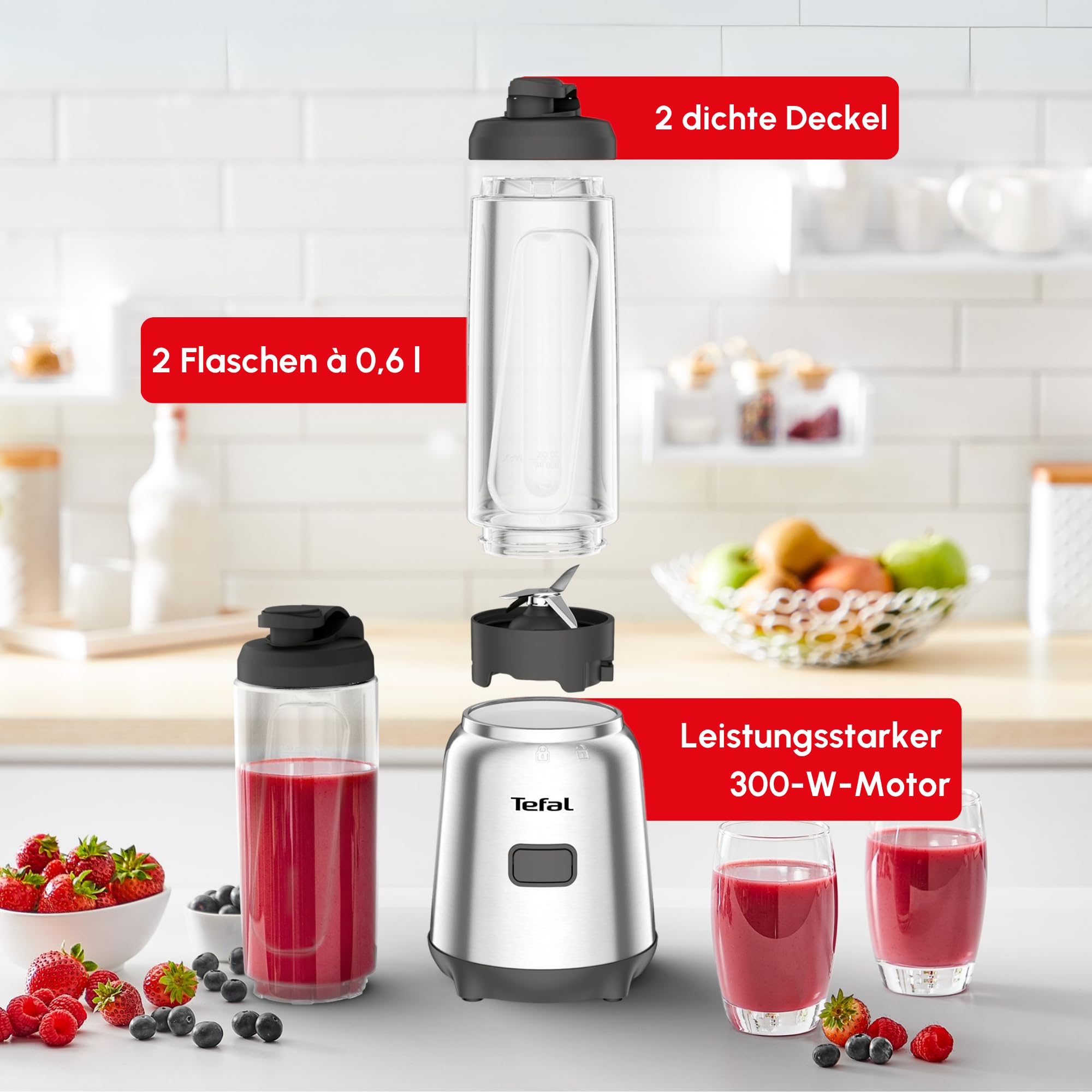 Tefal Mix und Move Mini-Standmixer, 300 Watt, 2 Flaschen To-Go in Premium Tritan, kompaktes Design, einfach zu reinigen, abnehmbare Klingen, Einknopfbedienung, Silber/Grau, BL15FD 6