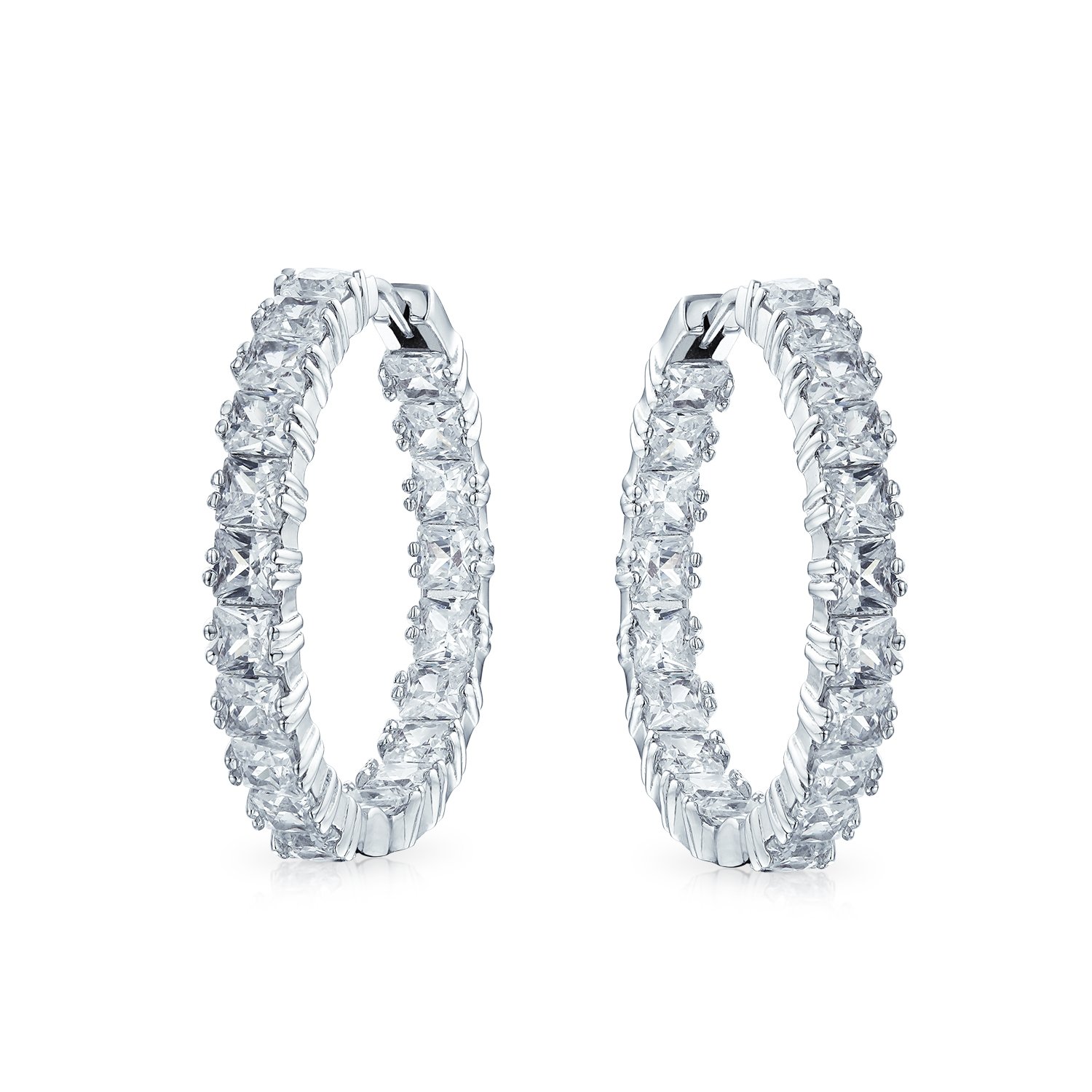 Bridal Square Cubic Zirconia Brilliant Princess Cut AAA CZ Inside Out Statement Hoop Earrings For Women Prom Silver Plated 1.25 Diameter — image 1