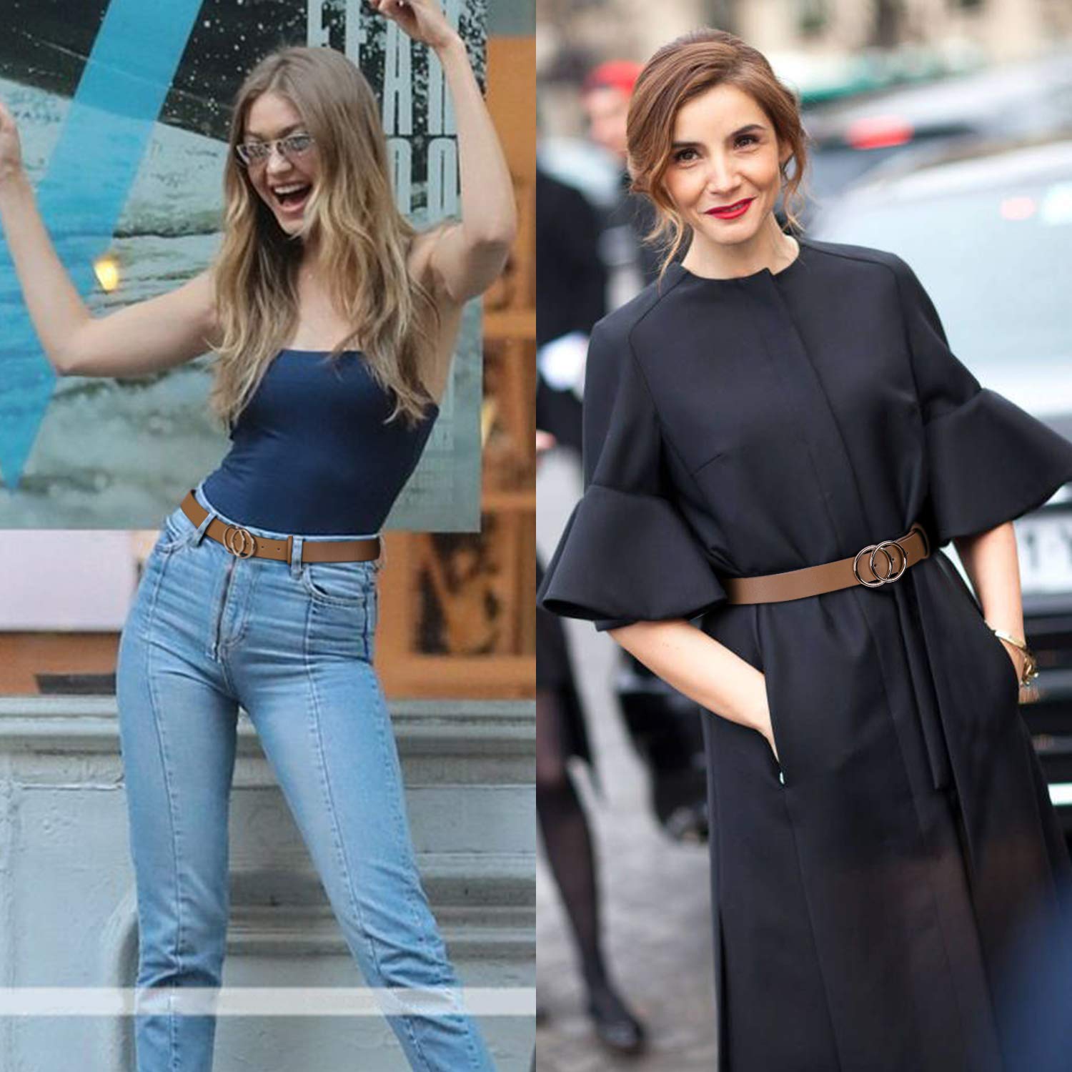 Women\'s Leather Belt for Dress Jeans Fashion Soft Leather with Double O-Ring Buckle