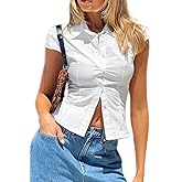 Thseonde Button Up Shirt Women Button Down Babydoll Top Short Sleeve Fitted Collared V Neck Cropped Teen Tops