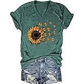 Vintage Flowers V Neck Shirt for Women Boho Floral Wildflowers Graphic Tee Casual Summer Vacation Beach Short Sleeve T Shirt