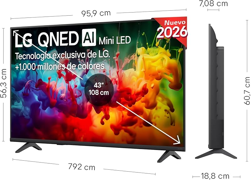 43QNED80B6LC - TV de 43", QNED MiniLED, 4K AI, Smart TV, WebOS 25, processador AI Alpha 5 Gen7, 120Hz, Super Upscaling, HDR10 e Dolby Digital Plus, Alexa/Google Assistant, Preto