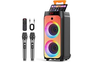 HWWR Karaoke Machine with 2 Wireless Microphones, Big Bluetooth Party Speaker for Adults, PA System with 500W Peak Power and Disco Light, Rolling Wheels and Trolley for Gatherings, Home Party, Outdoor
