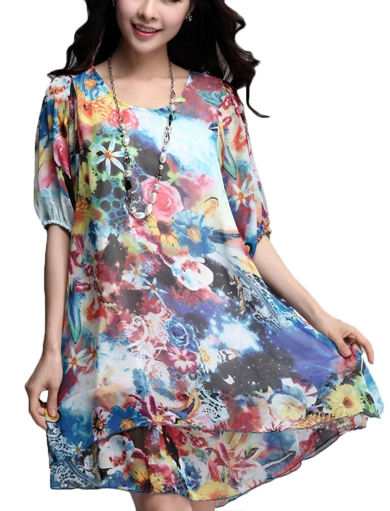Erlking Women's Cape Sleeve Shift Dress Loose Floral Blends Tee Tops