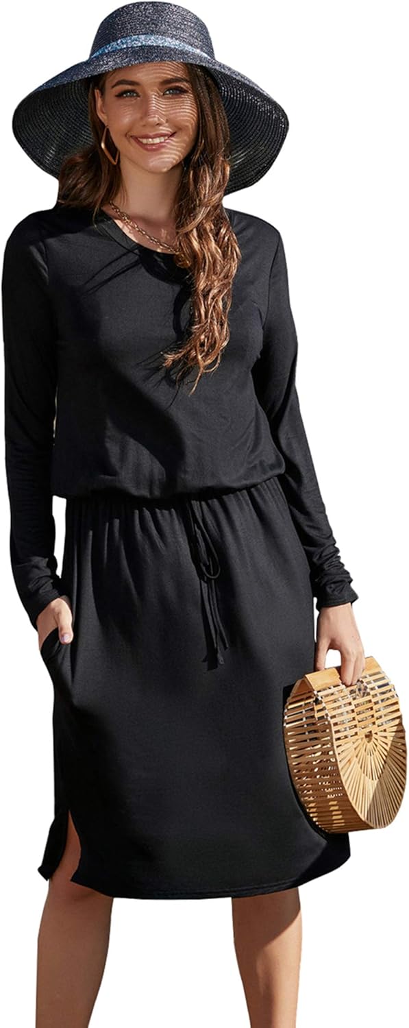 Simier Fariry Women's Modest Work Casual Midi Dress with Pockets