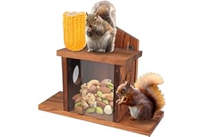Owfeel Squirrel Feeder Table with Umbrella, Wooden Squirrel Picnic Table, Durable Squirrel Feeder with Corn Cob Holder for Garden Trees Forest House (Wood 1)