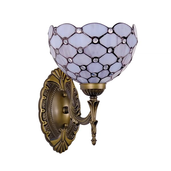 GILGGAK TIFFANY WALL SCONCE HAND-WELD STAINED GLASS BEDSIDE LAMP WITH CLASSIC 8 INCHES LAMPSHADE FOR BEDROOM HALLWAY LIVING ROOM HOME OFFICE (GRAY WHITE)