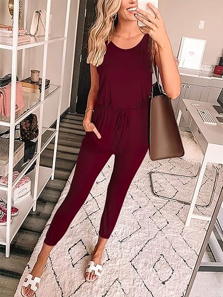 CARACILIA WOMEN’S TANK JUMPSUIT SUMMER CASUAL SLEEVELESS BEAM FOOT ELASITIC WAIST ROMPERS JUMPSUITS WITH POCKETS WINE RED X-LARGE