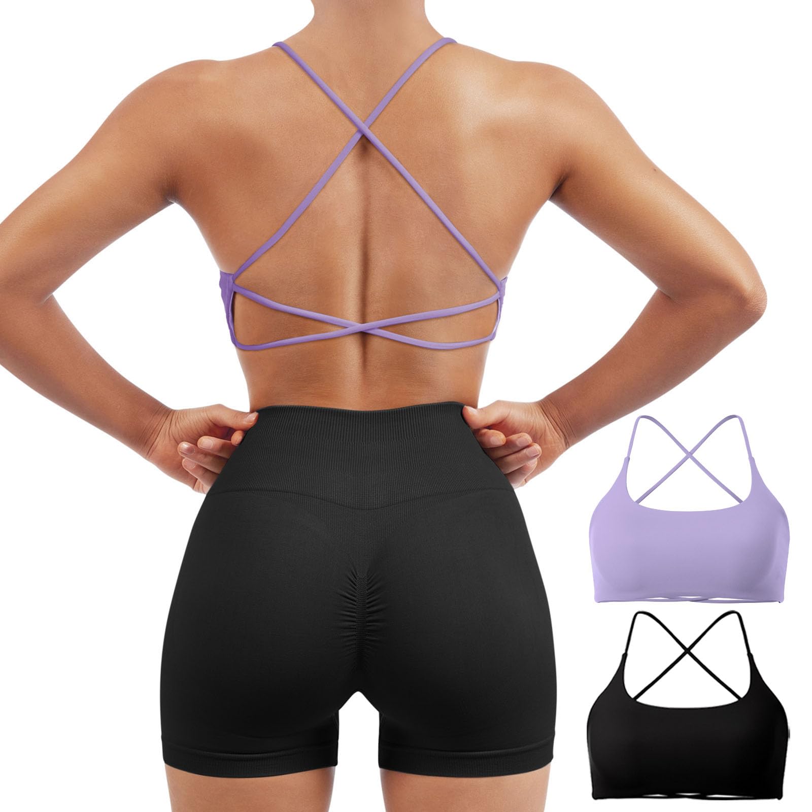 Photo 1 of SUUKSESS Women 2 Piece Open Back Sports Bra Pack Strappy Workout Gym Yoga Crops (Purple & Black, L)