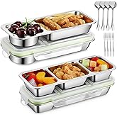 LemonRoad 4 Pack Stainless Steel Snack Containers with Lids Reusable Metal Divided Bento Lunch Boxes with Forks and Spoons Food Storage Containers for Work Travel(Green,2,3 Compartment)
