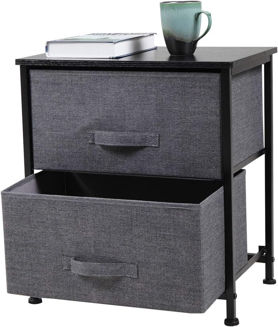 Stackable Storage Drawers Nightstand with 2 Non-Woven Fabric Drawers End Table with Steel Frame and Wood Top, Modern Clothes Organizer Closet Drawers Bedroom Bedside Living Room, College Dorm, Black -