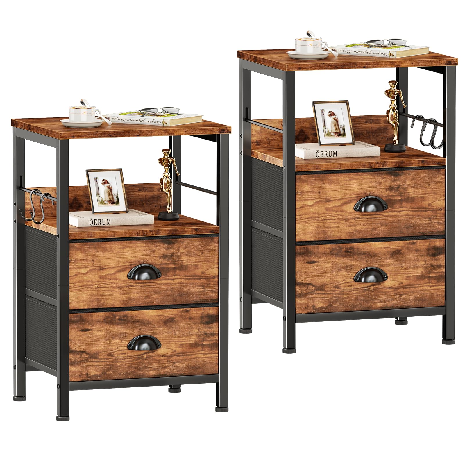 Photo 1 of *MINOR DAMAGE - USED*
Furologee Night Stand Set of 2, Nightstand with 2 Fabric Drawers, Bed Side Table with Open Shelf, Wooden Top, Hooks, Backboard Design, End Table for Bedroom, Study, Hallway, Brown