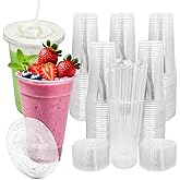 [100 SETS] 32 oz Cups with lids, Plastic cups with lids and straws, iced coffee cup, suitable for takeout iced coffee cold drinks, smoothies, juices, parfaits, Frappuccinos, and milkshakes.