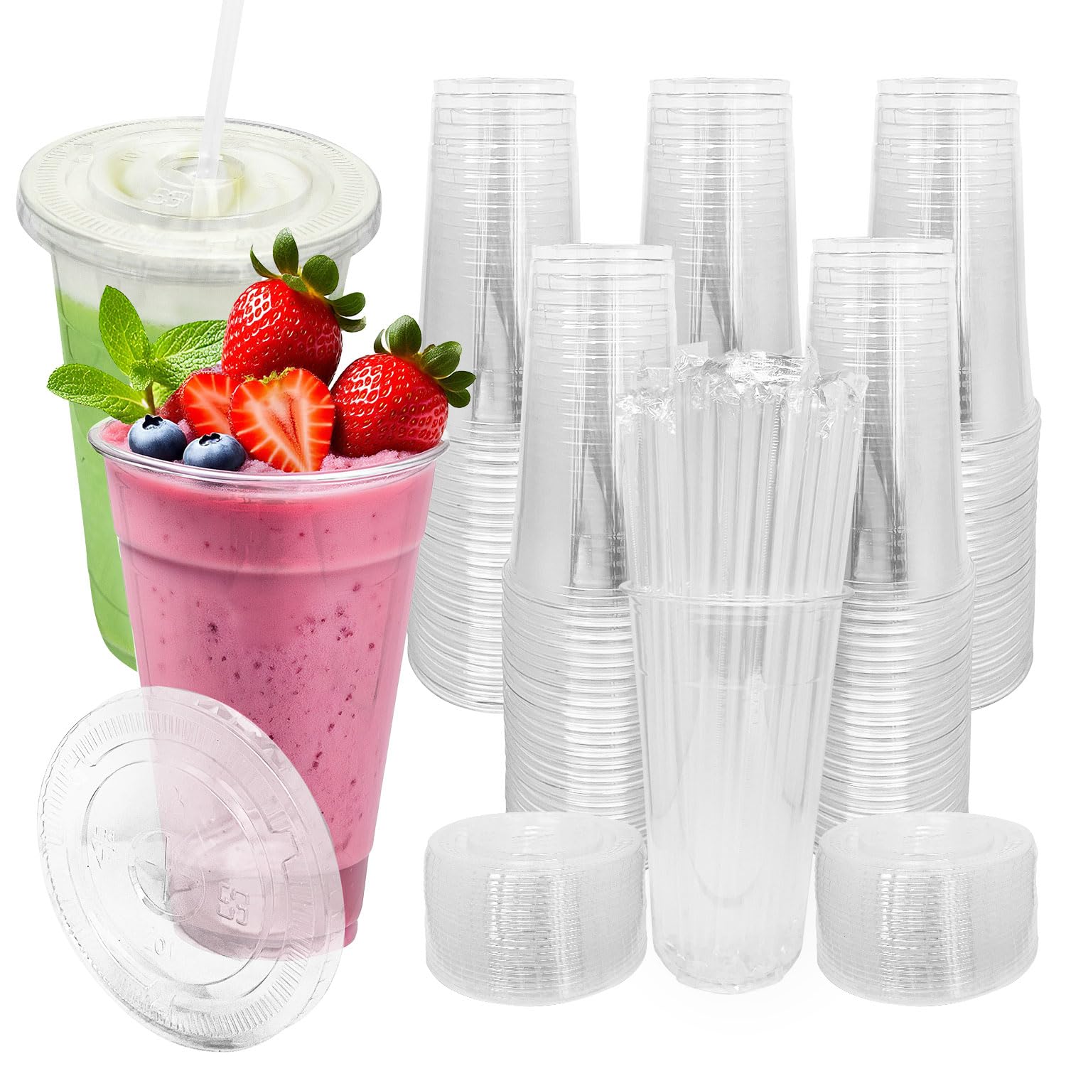 Photo 1 of [100 SETS] 32 oz Cups with lids, Plastic cups with lids and straws, iced coffee cup, suitable for takeout iced coffee cold drinks, smoothies, juices, parfaits, Frappuccinos, and milkshakes.
