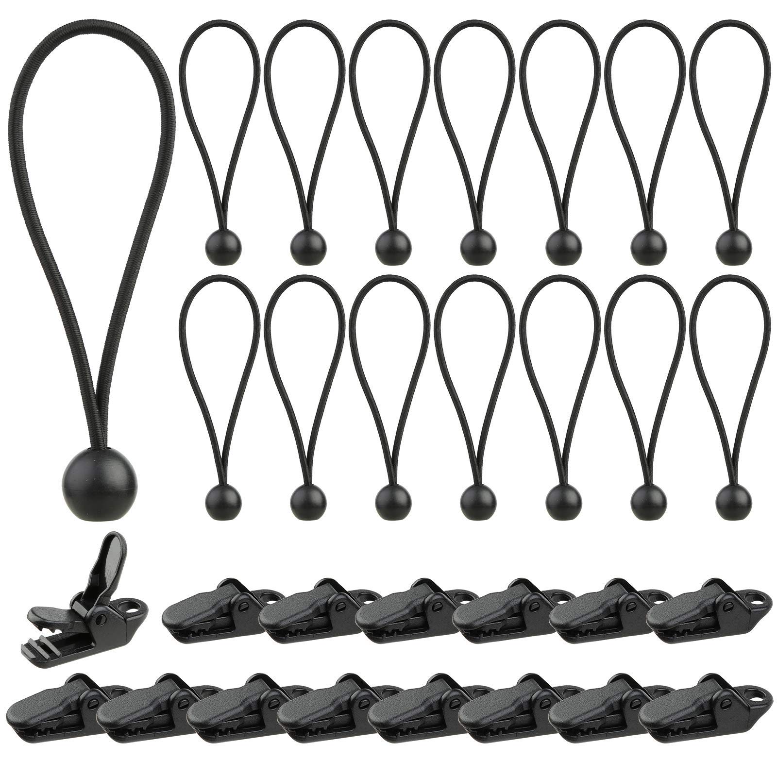 15 Pcs Bungee Cord Ball Ties Elasticated Shock Tarp Rope Ties for Tents Tarpaulins and Banner with 15 Pcs Tarpaulin Clips, Pack of 30 Black