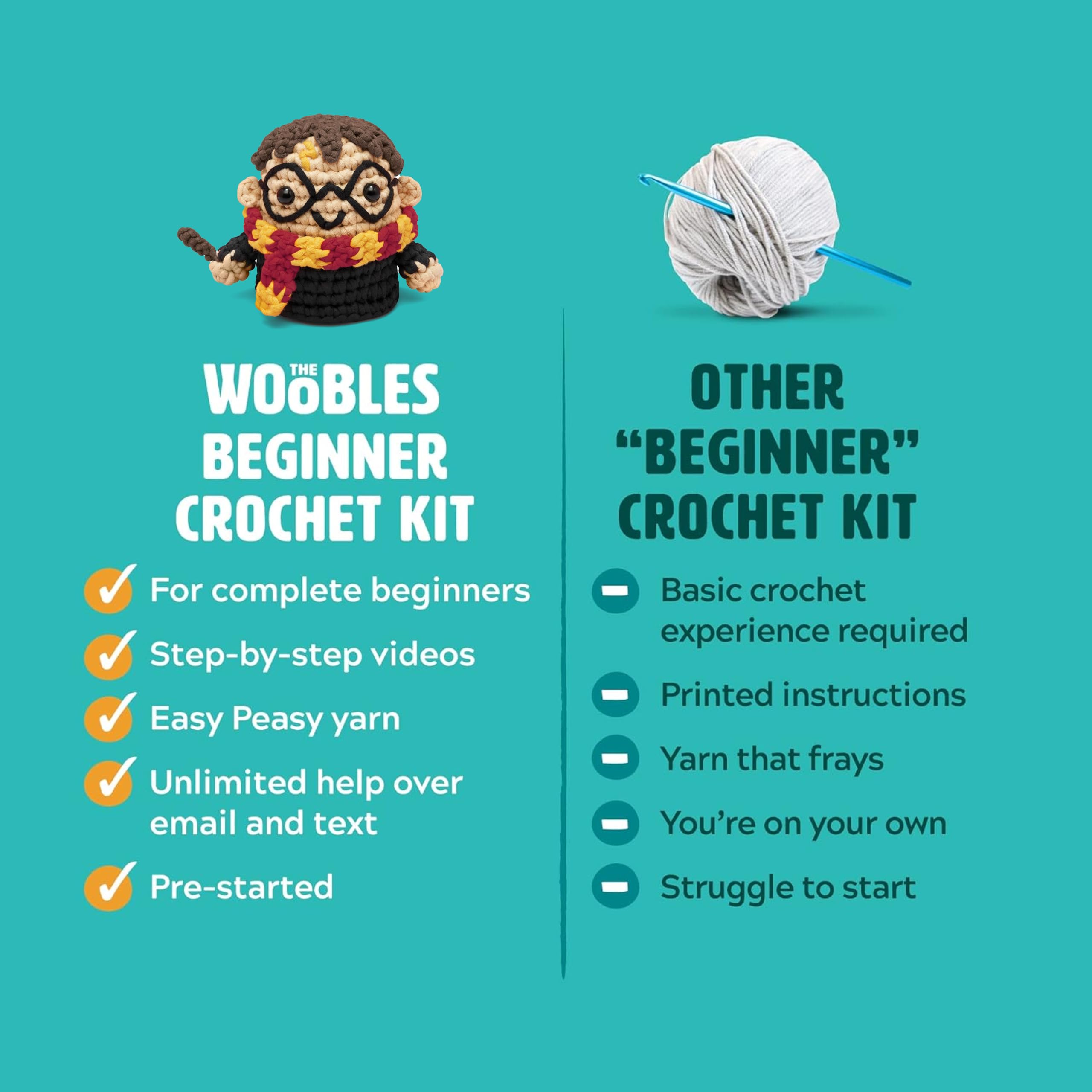 The Woobles Beginners Crochet Kit with Easy Peasy Yarn as seen on Shark Tank - with Step-by-Step Video Tutorials - Harry Potter