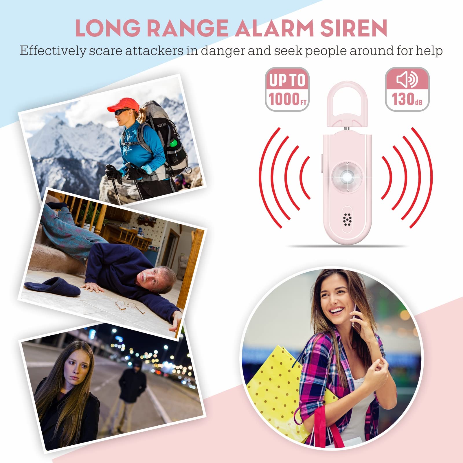 Personal Safety Alarm for Women, 130dB Loud Siren with SOS Strobe Light, Flashlight, 1000ft Audible, Double Speakers Help Kids, Elderly Emergency Call, Alert Panic Button Self Defense Devices
