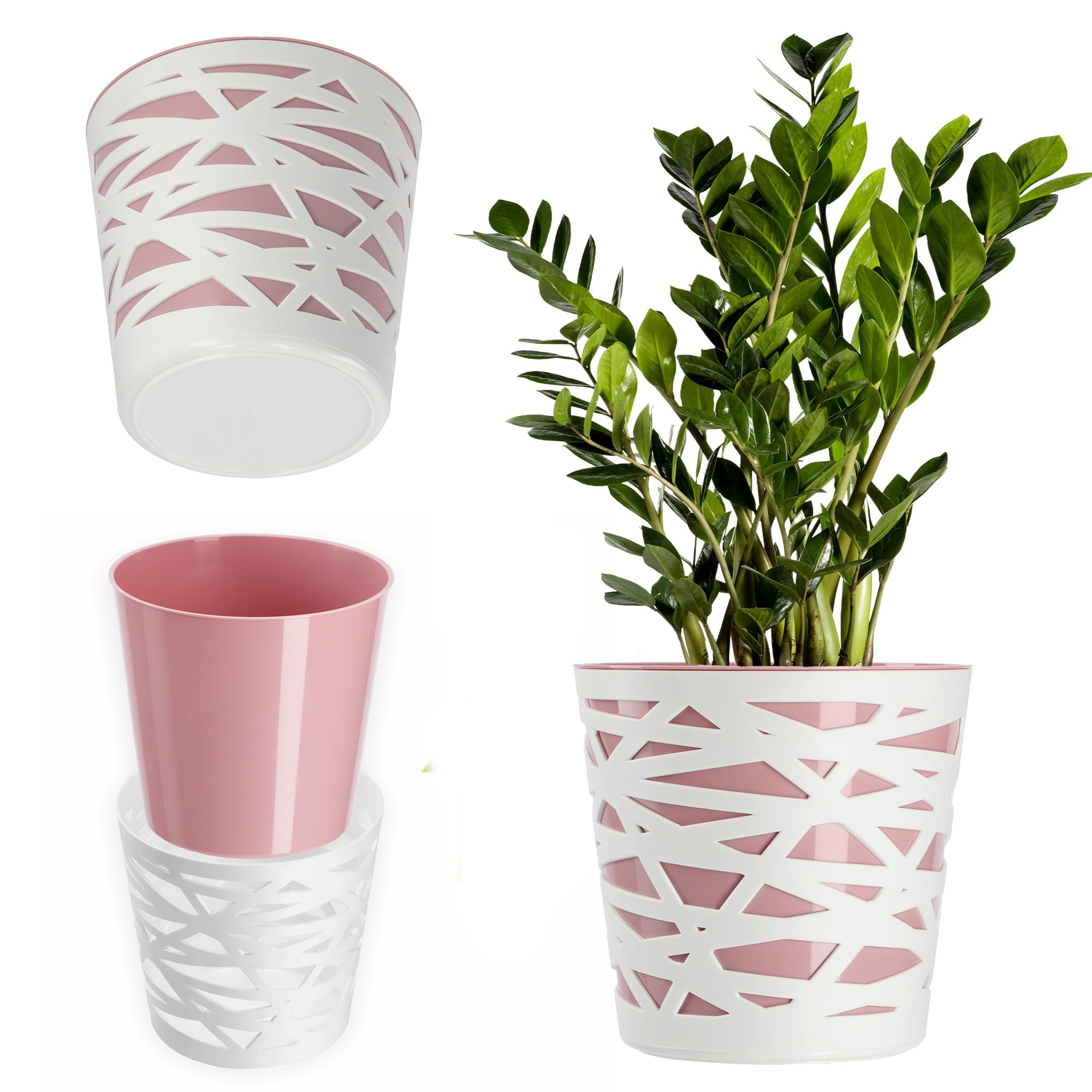 KADAX Round Flower Pot, Lightweight Planter with Unique Design for Living Room, Plastic Indoor Plant Pot for Houseplants, Herbs (⌀ 15 cm, Pink)