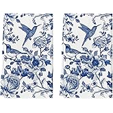 Artoid Mode Blue Hummingbird Flowers Kitchen Towels Dish Towels, 18x26 Inch Farmhouse Royal Blue Porcelain Decoration Hand Towels Set of 2