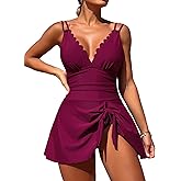 ZAFUL One Piece Swim Dress Swimsuits for Women Scallop Tummy Control Swimdress Tie Knot Swim Skirt Swimwear Bathing Suit