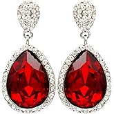 Womens Red Crystal Rhinestone Bridal Teardrop Earrings Wedding Dangle Earrings Bridesmaids,Silver Tone